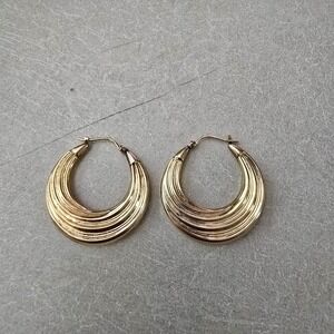 14k Gold Hoop Earrings Ribbed‎ Layered Statement Bold Fashion Jewelry